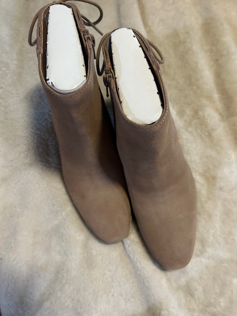 Women’s Taupe Ankle Booties zippers with zip up and laces in the back.
